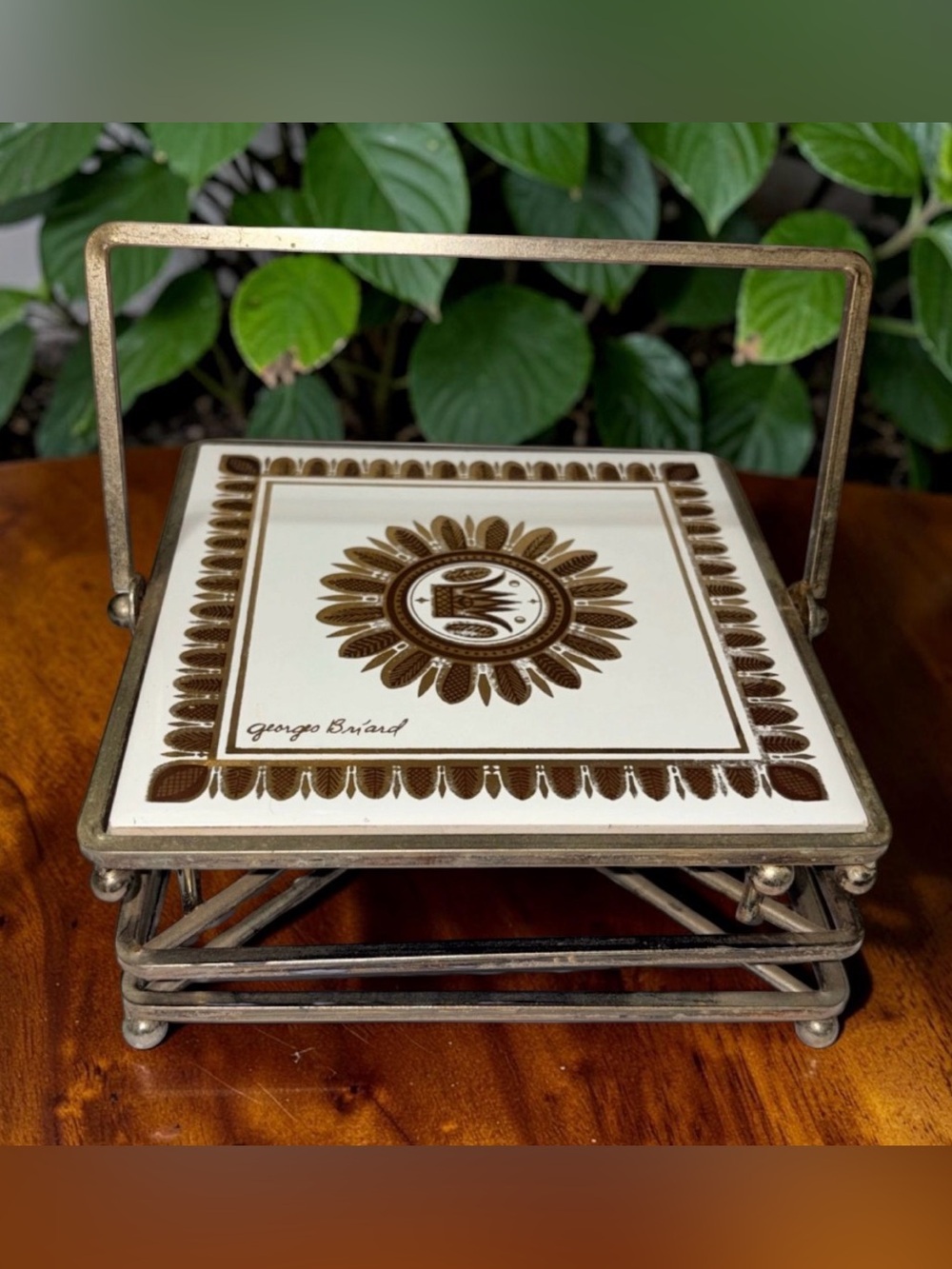 Vtg Georges Briard Tile Trivet Warmer Mid Century Modern Gold Sunburst Crown